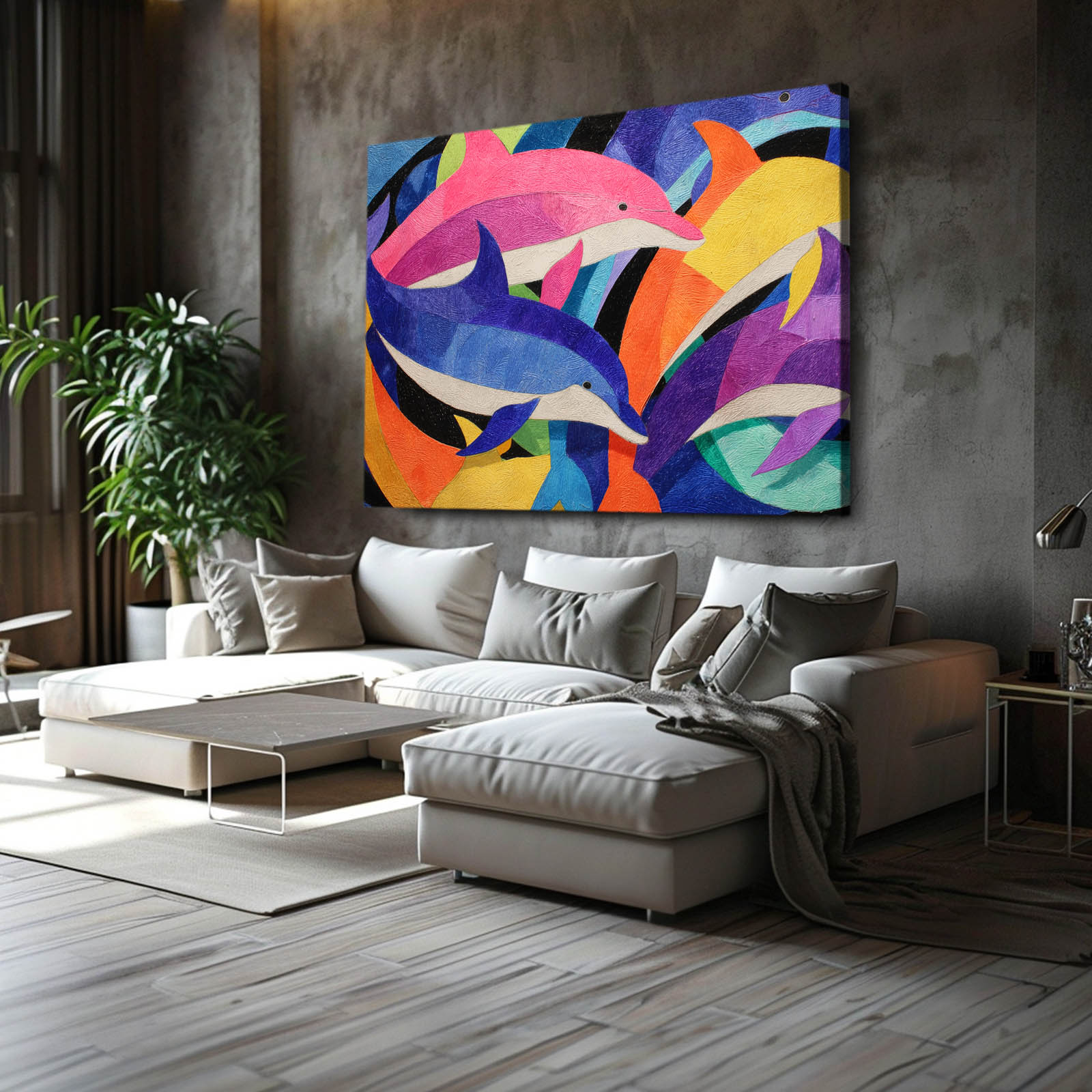 Color Block Pod Dolphin Art – styled in a furnished interior