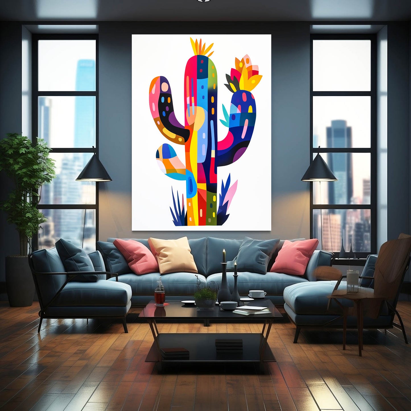Color Block Shapes Cactus Wall Art – styled in a furnished interior