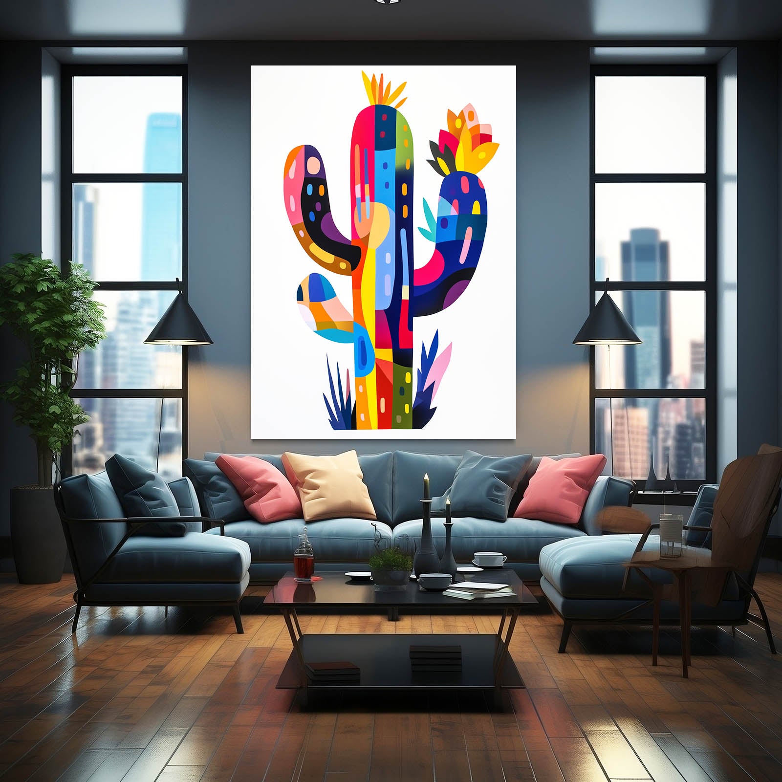 Color Block Shapes Cactus Wall Art – styled in a furnished interior