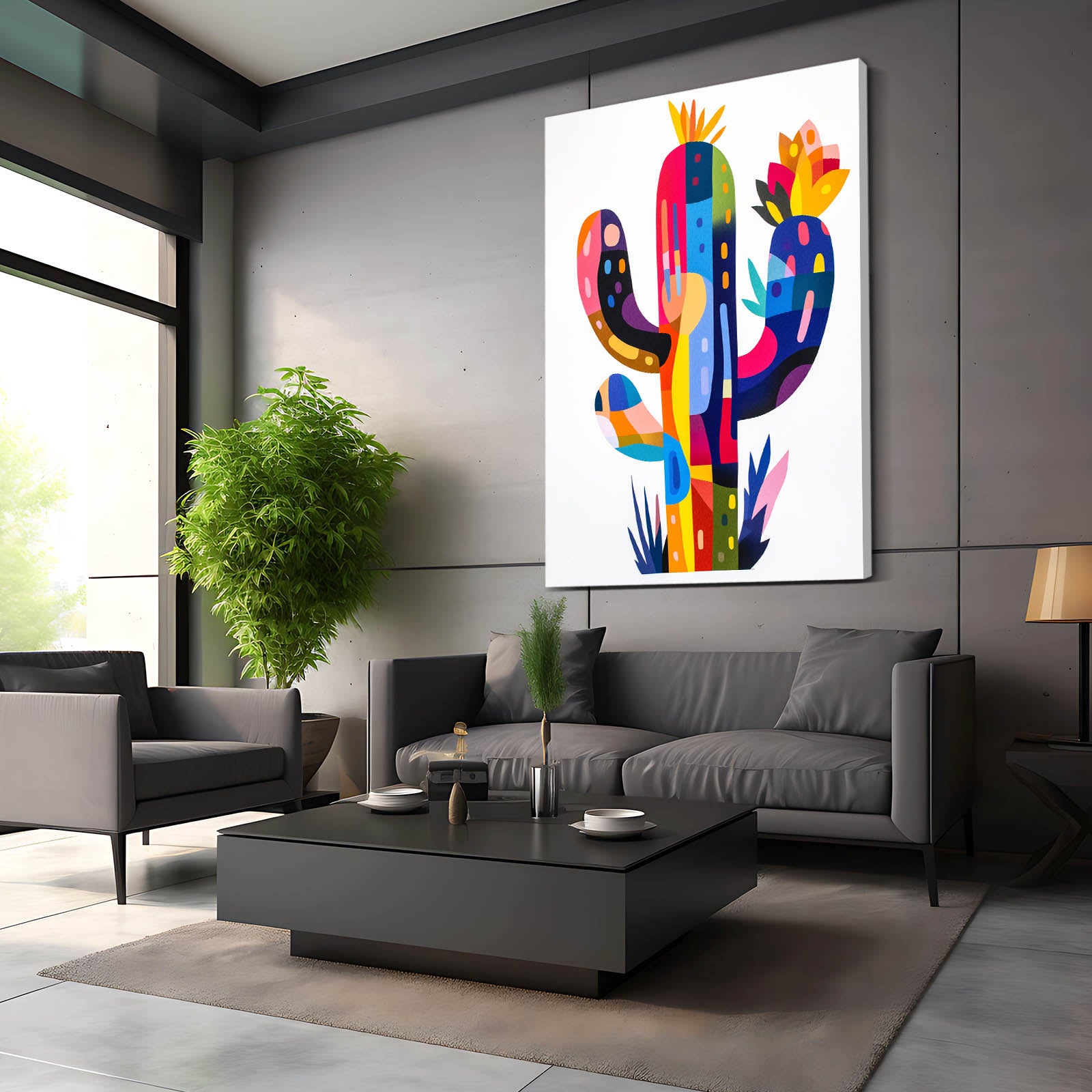 Color Block Shapes Cactus Wall Art – styled in a furnished interior