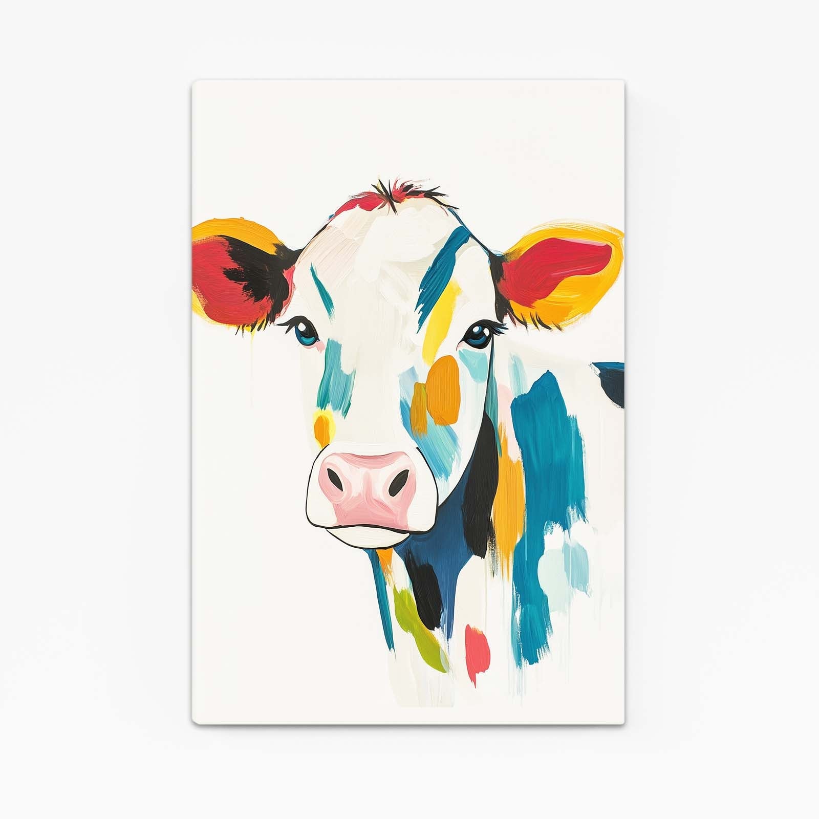 Colored Cow Wall Art – angled canvas view on white background