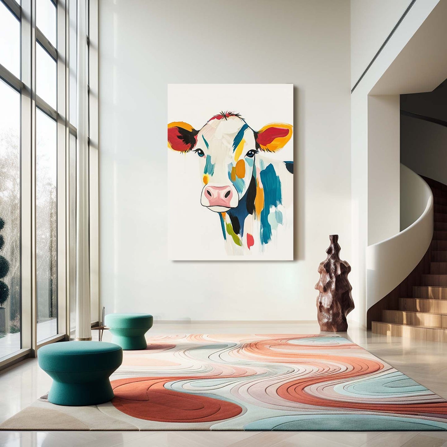 Colored Cow Wall Art – angled canvas view on white background