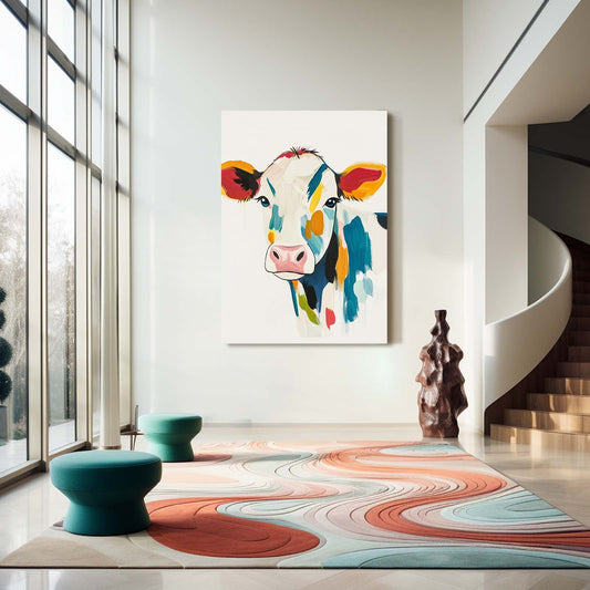 Colored Cow Wall Art – angled canvas view on white background