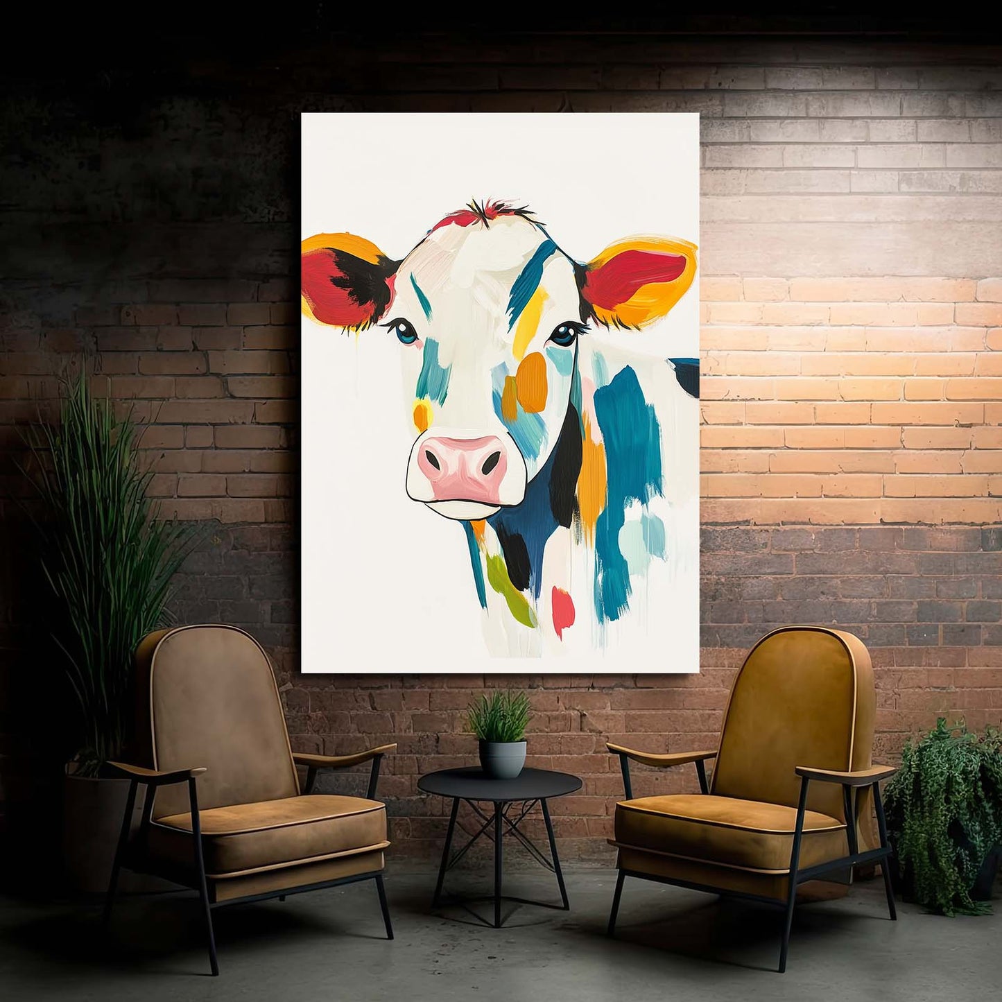 Colored Cow Wall Art – angled canvas view on white background