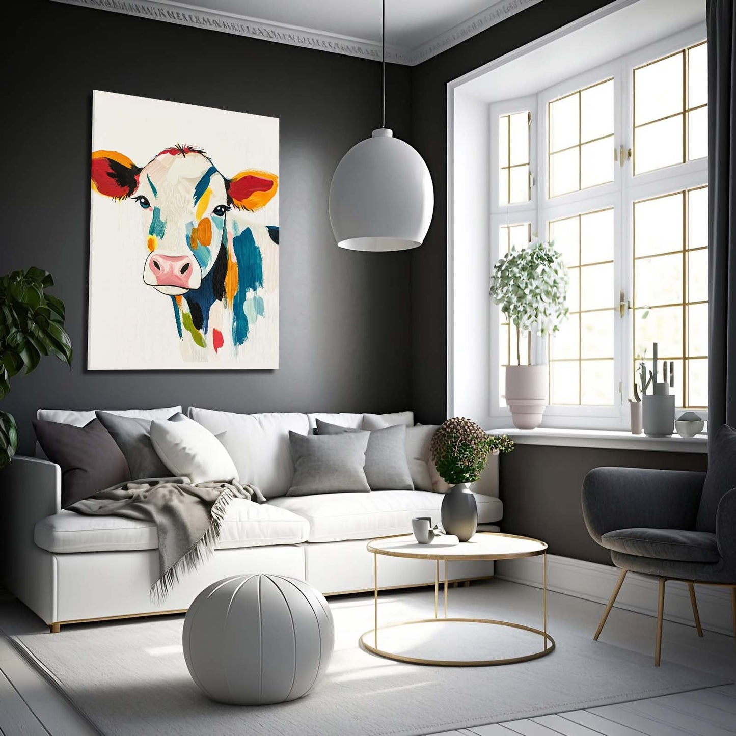 Colored Cow Wall Art – angled canvas view on white background