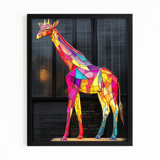 Colorful geometric giraffe art piece in a black frame.
