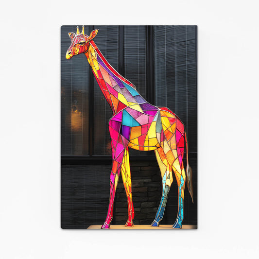 Colorful geometric giraffe sculpture against a dark background