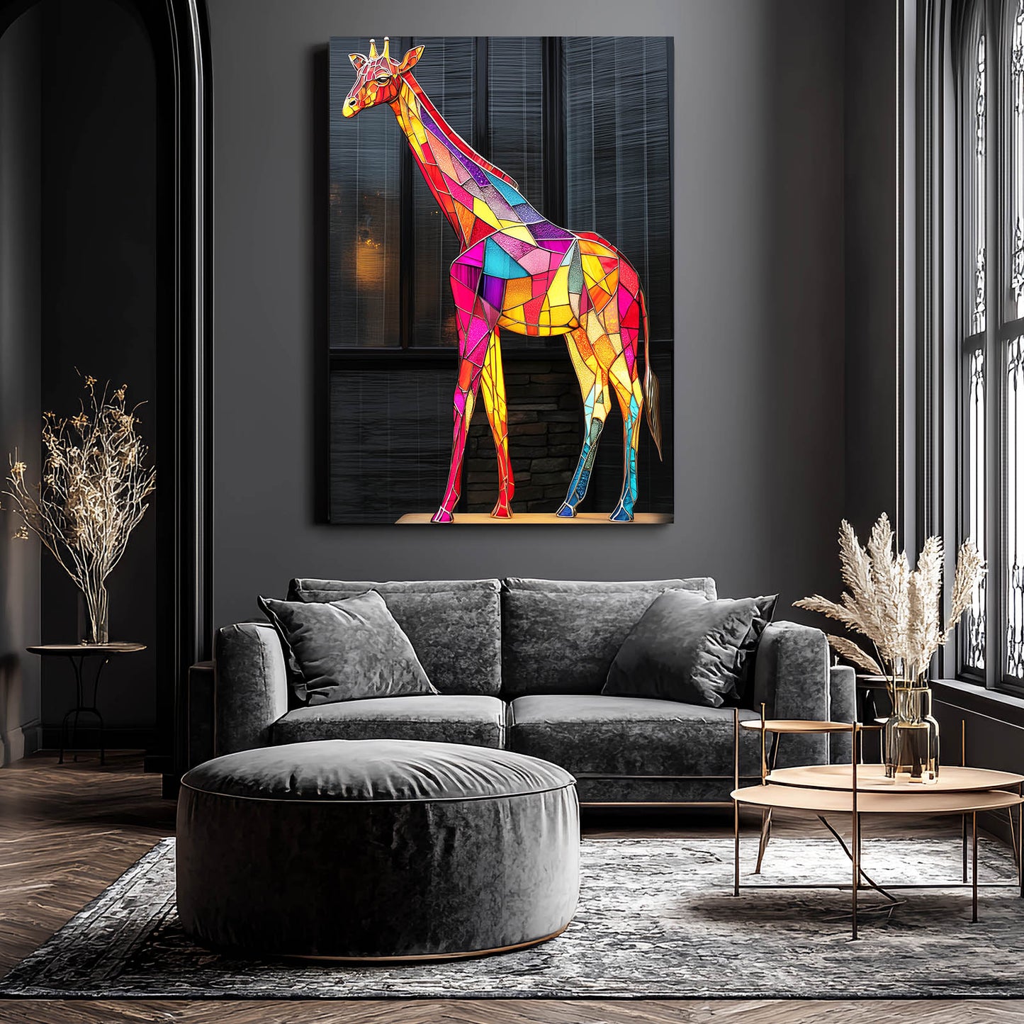 Colorful geometric giraffe painting on a gray wall above a gray sofa in a living room.