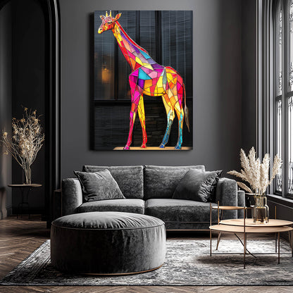 Colorful geometric giraffe painting on a gray wall above a gray sofa in a living room.