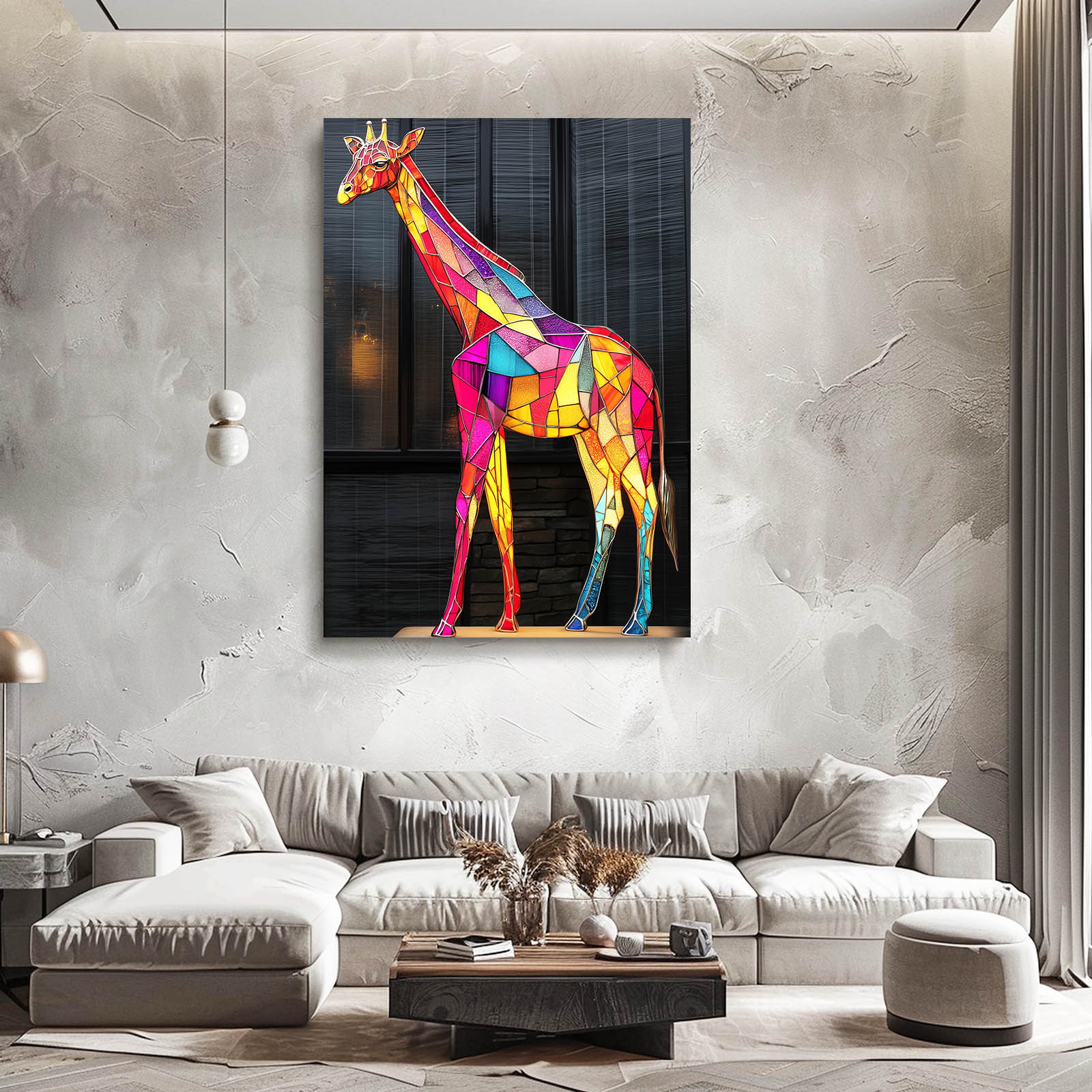 Colorful geometric giraffe painting on a wall above a modern living room.