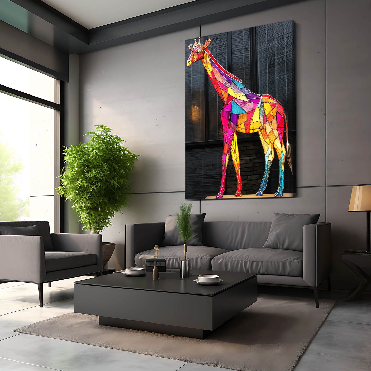 Modern living room with a colorful giraffe artwork on the wall.