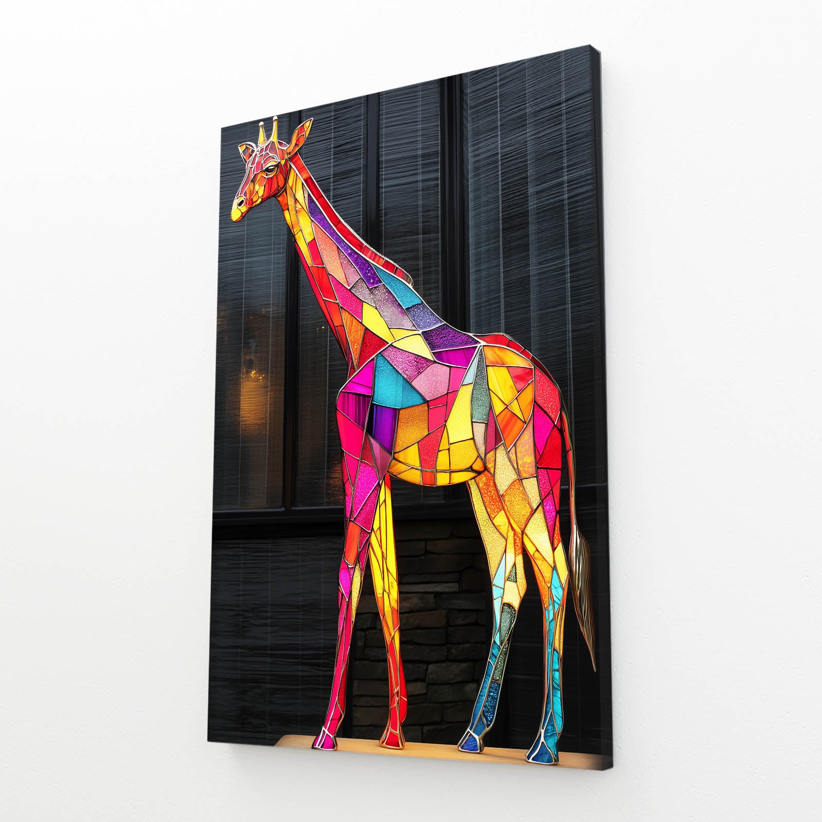 Colorful geometric giraffe art piece on a dark background