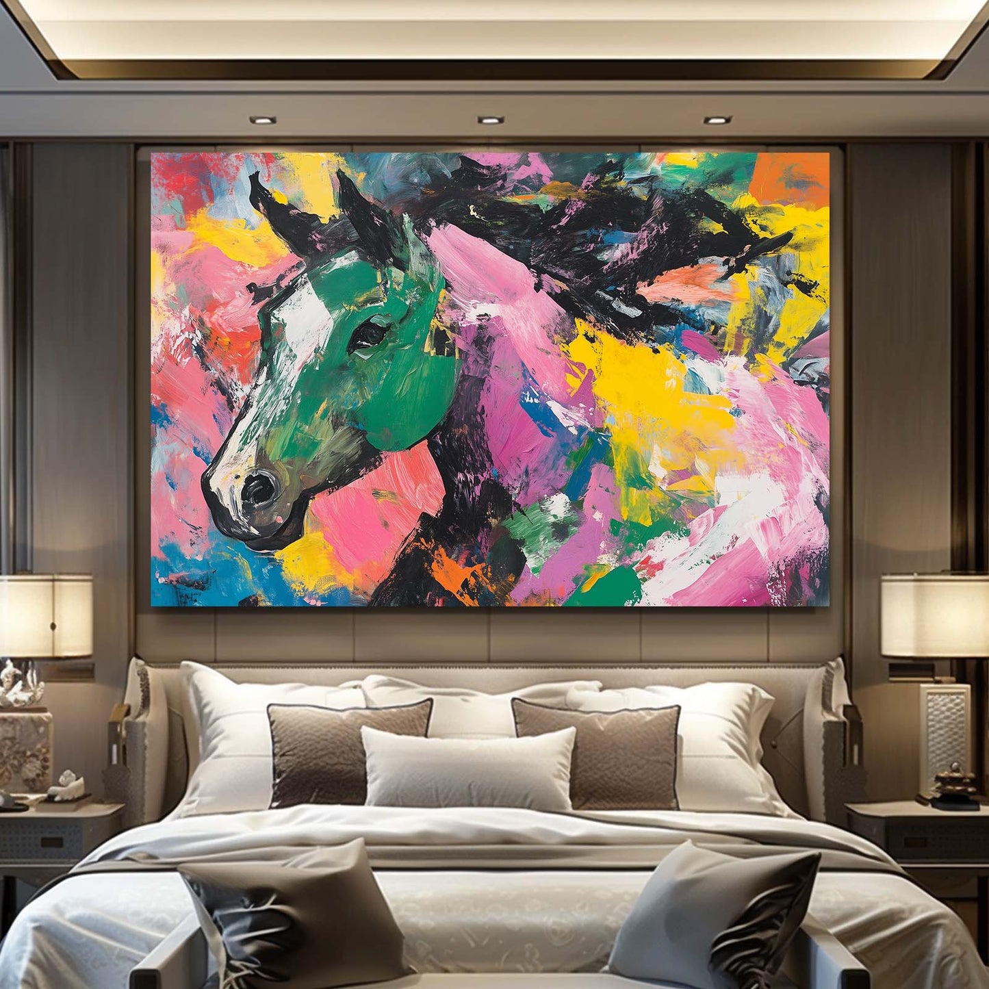 Colored Horse Art – angled canvas view on white background