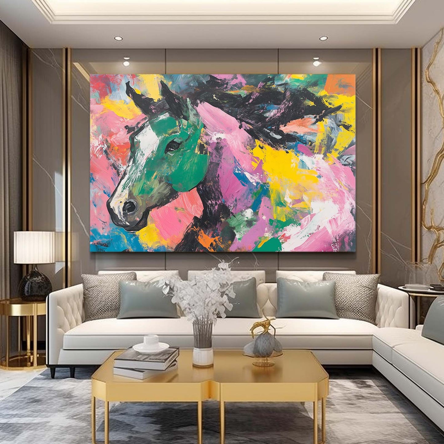Colored Horse Art – angled canvas view on white background