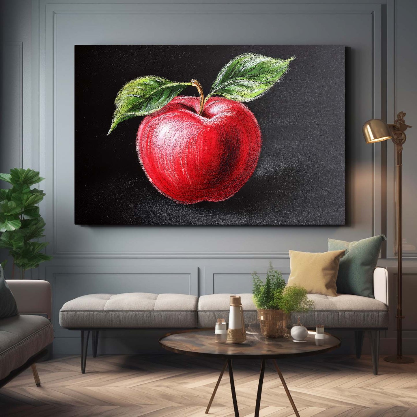 Colored Pencil Red Apple Canvas – styled in a furnished interior