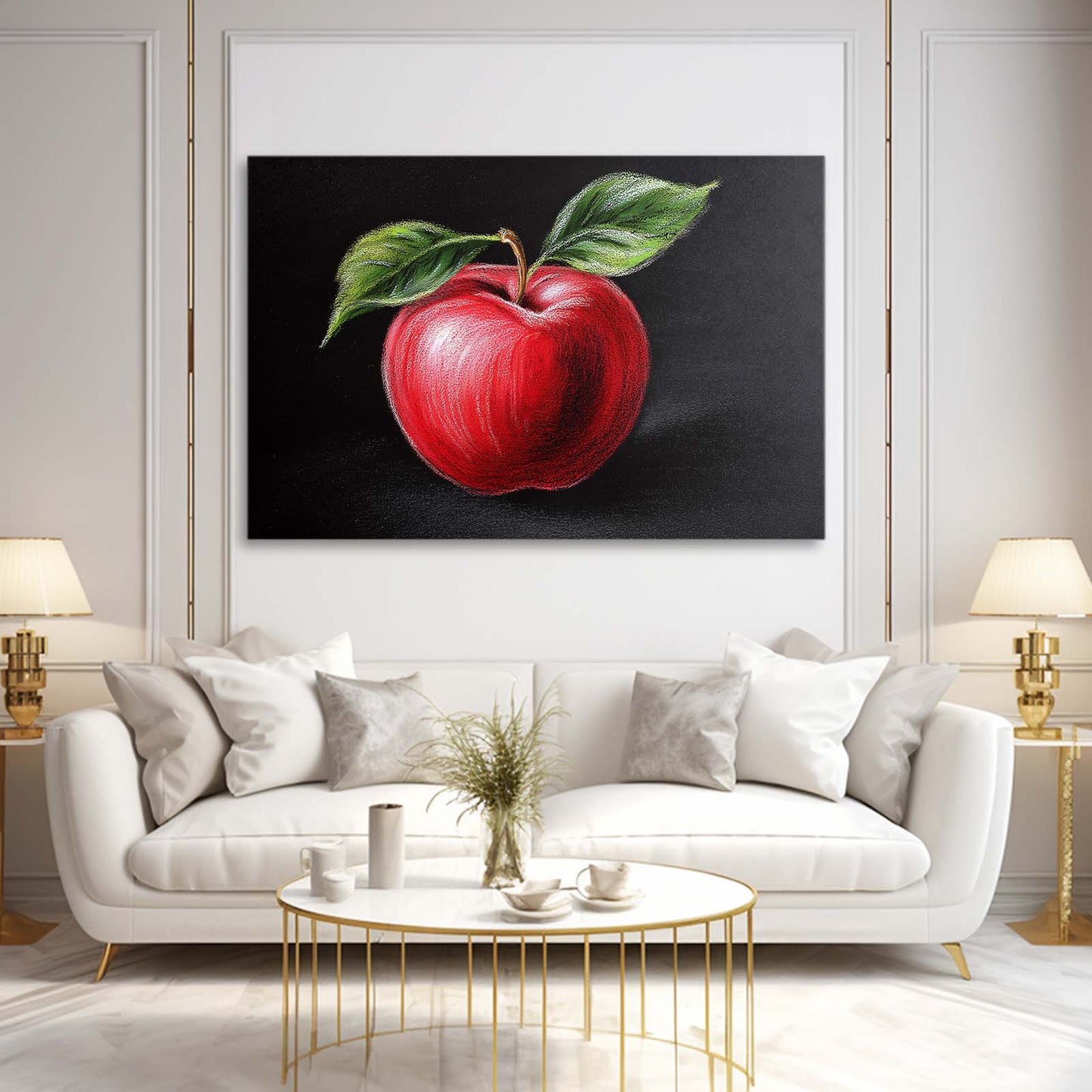 Colored Pencil Red Apple Canvas – styled in a furnished interior