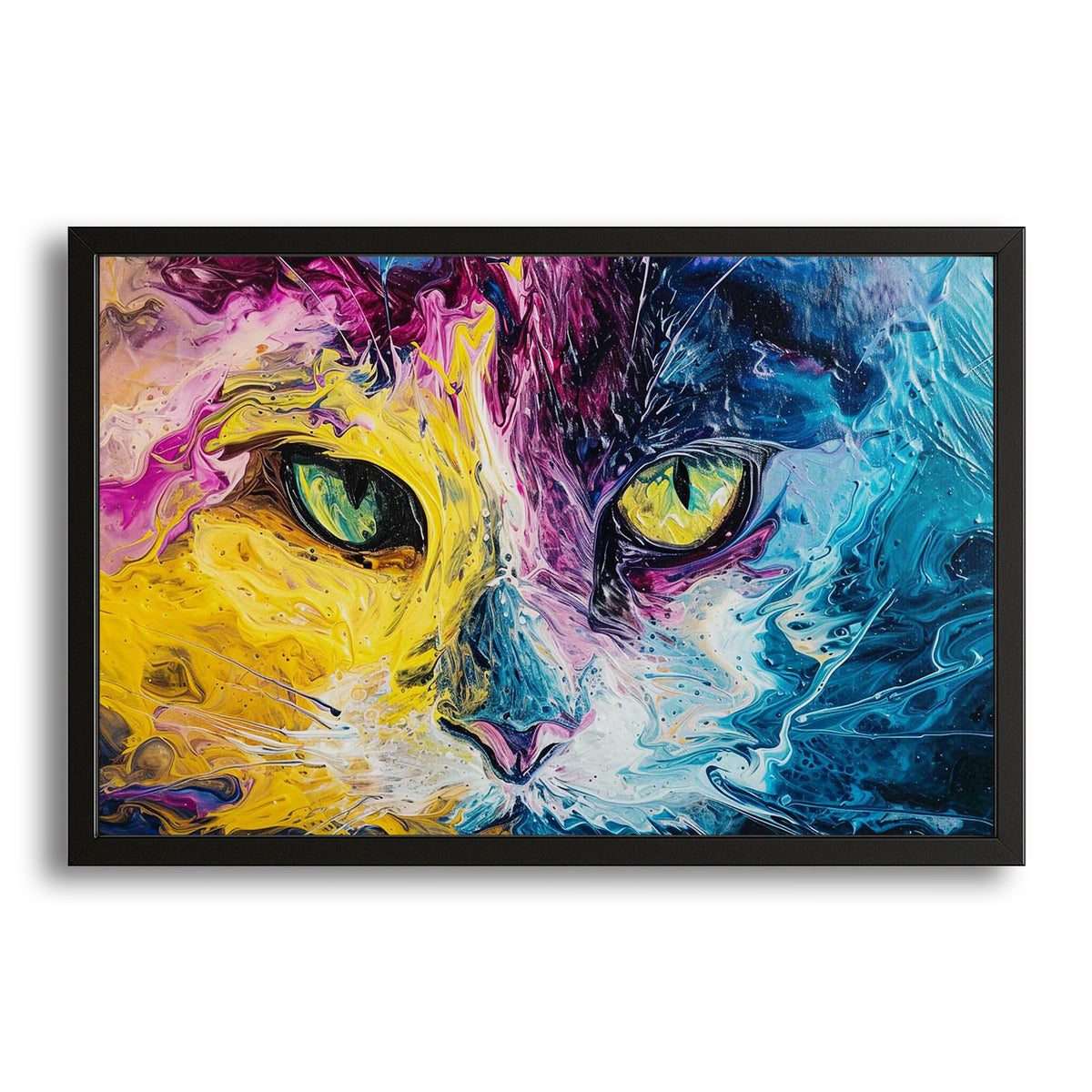 Colorful Abstract Cat Art — digital canvas print in blue tones, with Premium Black frame on white background