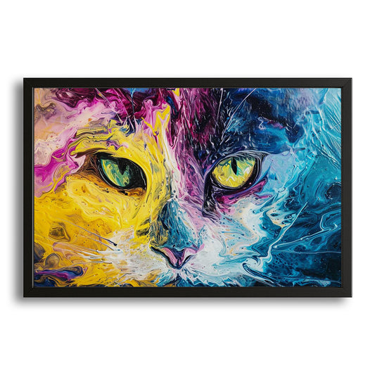 Colorful Abstract Cat Art — digital canvas print in blue tones, with Premium Black frame on white background
