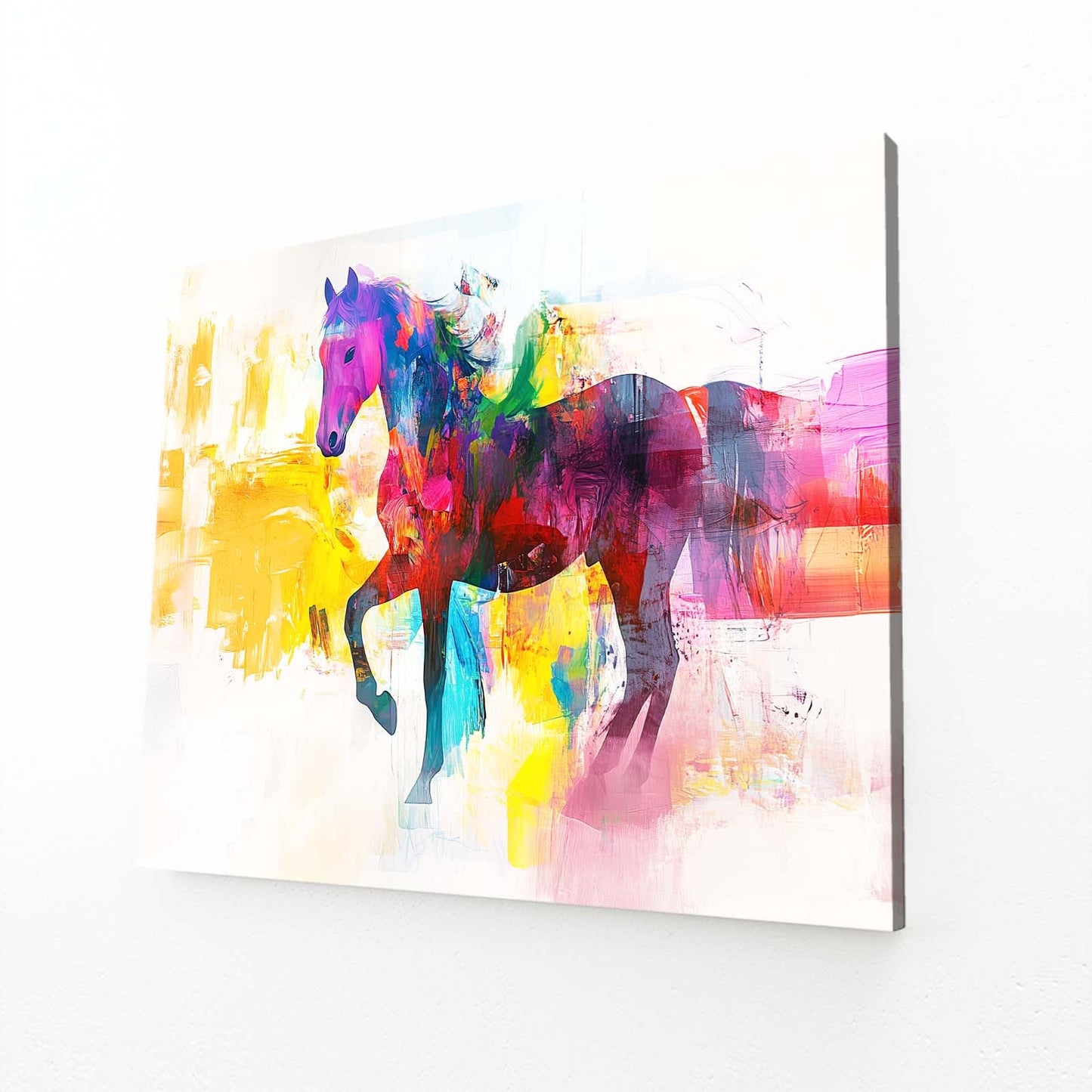 Colorful Abstract Horse Art – angled canvas view on white background