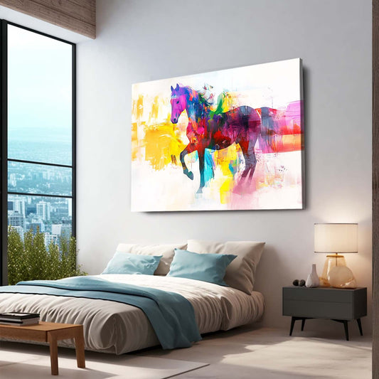Colorful Abstract Horse Art – angled canvas view on white background