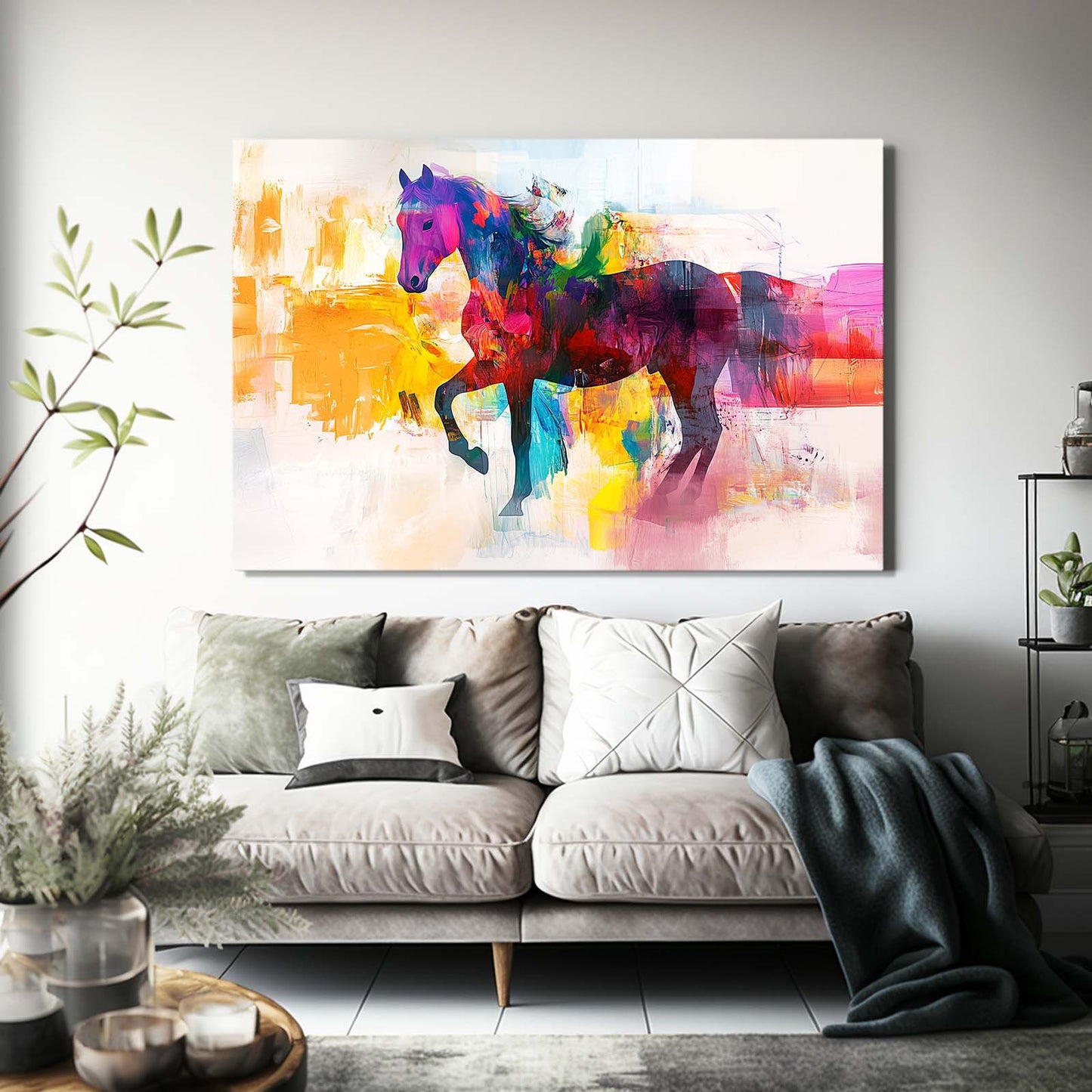 Colorful Abstract Horse Art – angled canvas view on white background