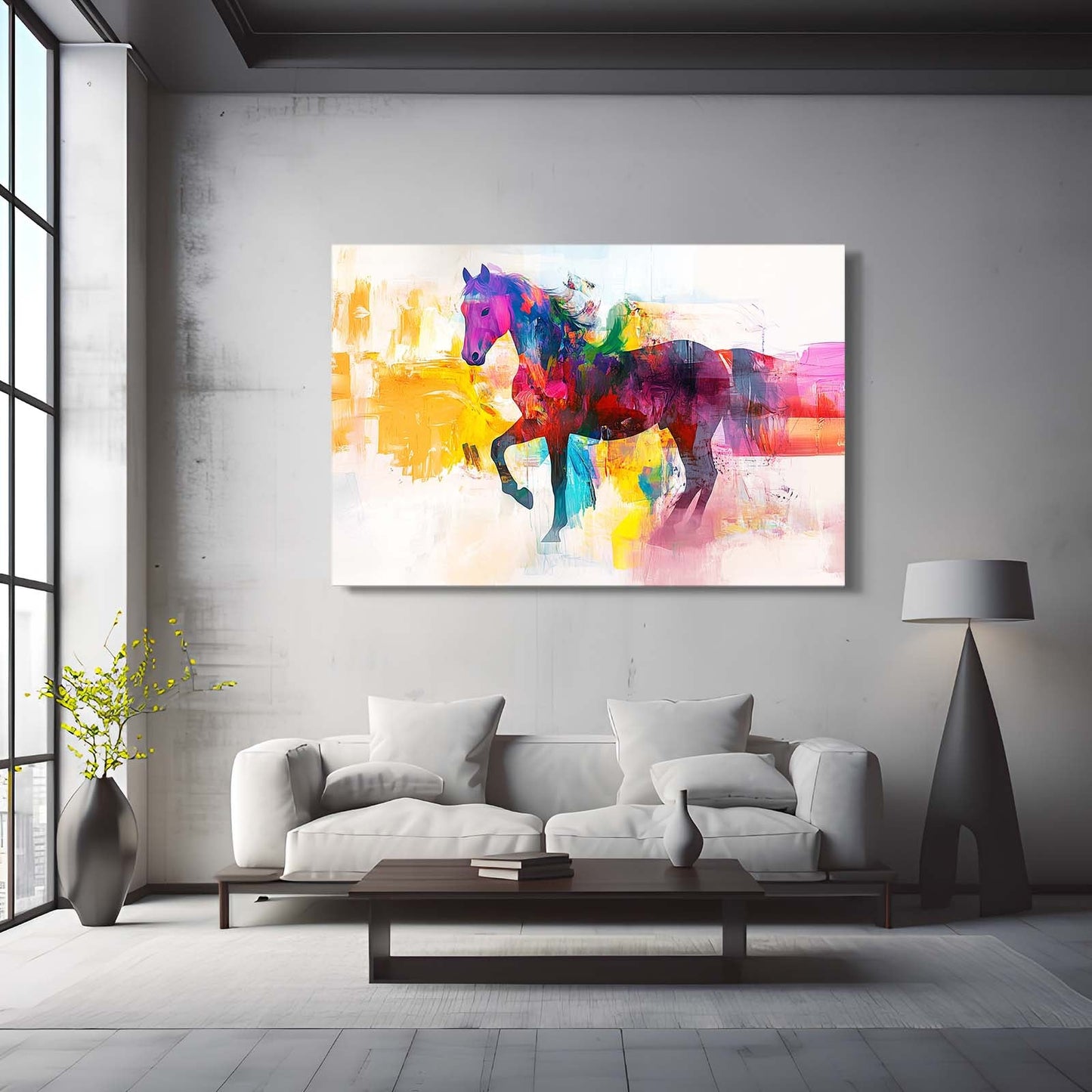 Colorful Abstract Horse Art – angled canvas view on white background