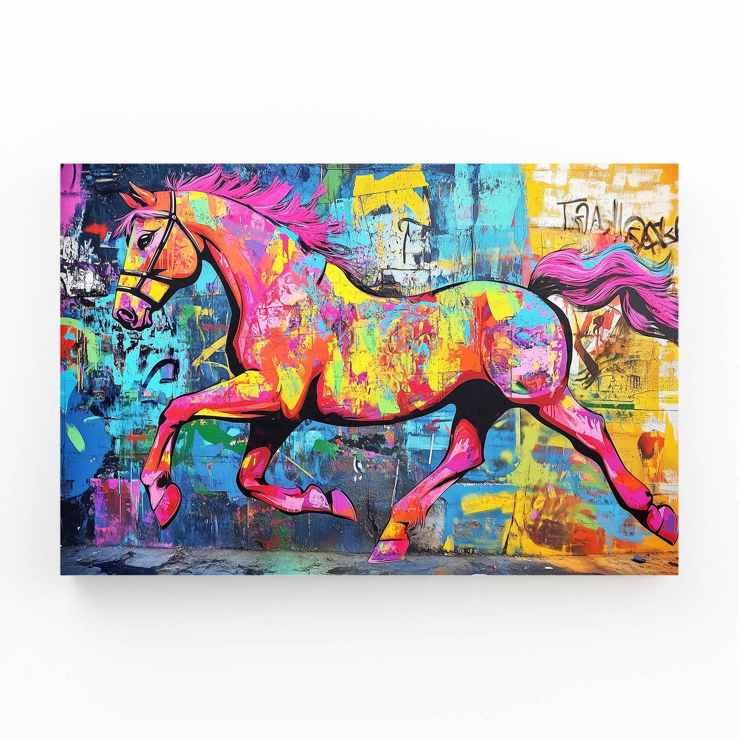 Colorful Abstract Horse Wall Art – angled canvas view on white background