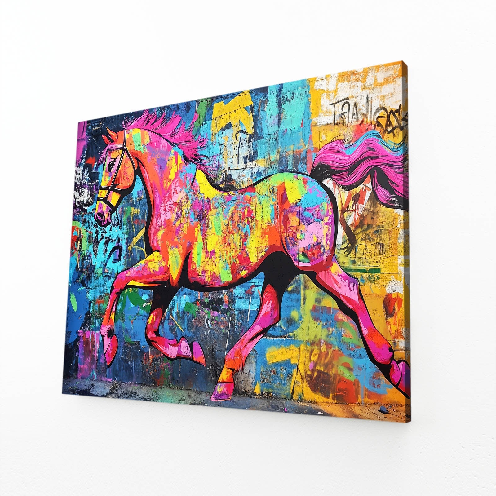 Colorful Abstract Horse Wall Art – angled canvas view on white background