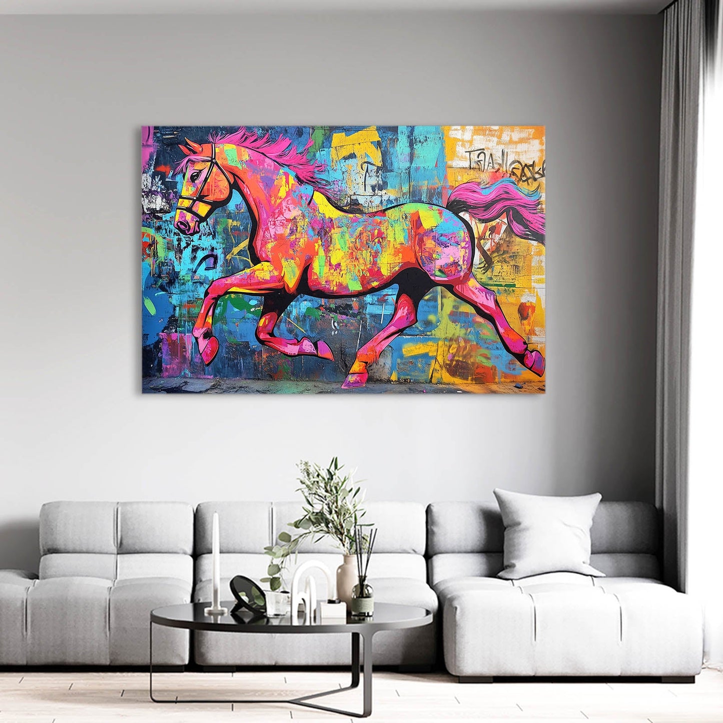 Colorful Abstract Horse Wall Art – angled canvas view on white background