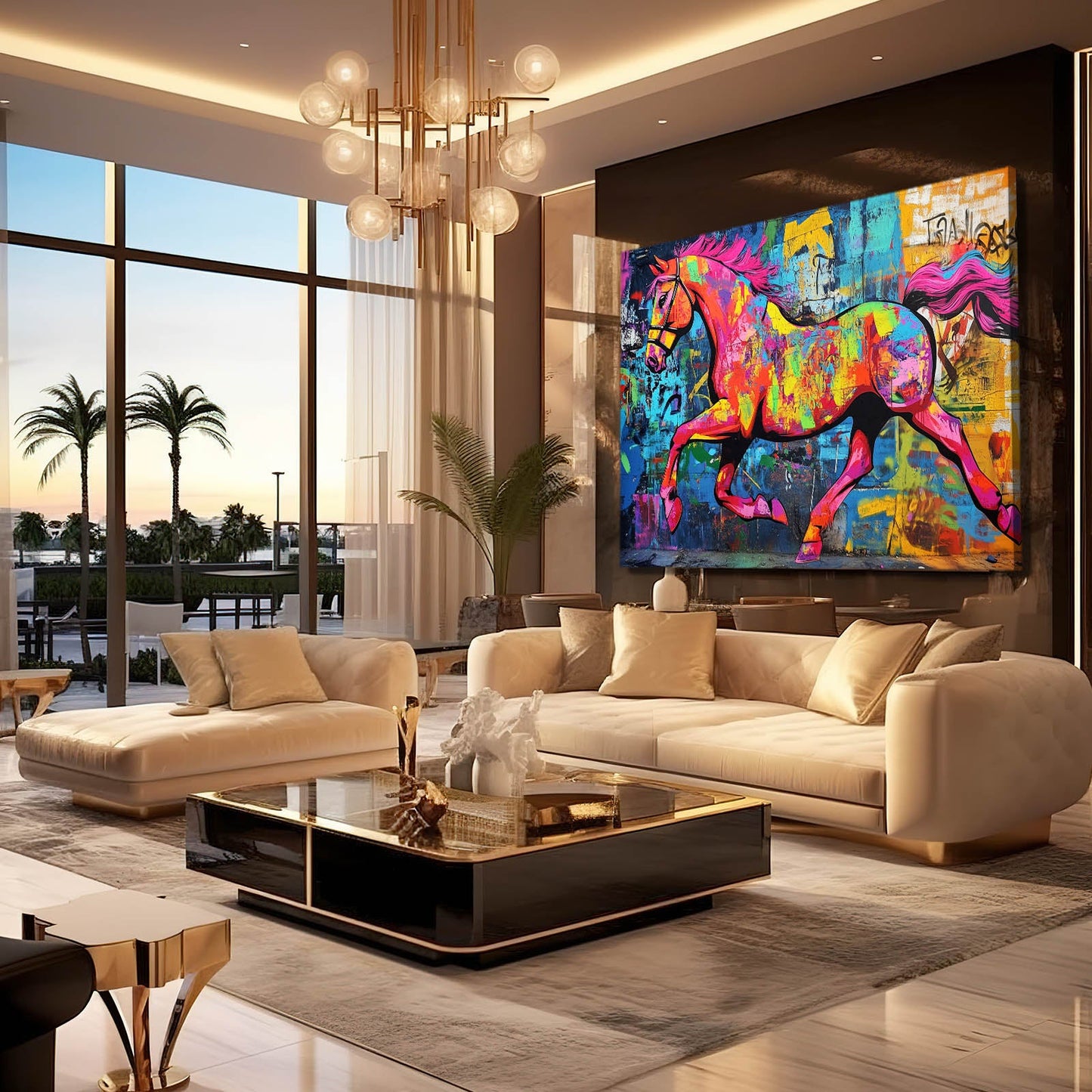 Colorful Abstract Horse Wall Art – angled canvas view on white background