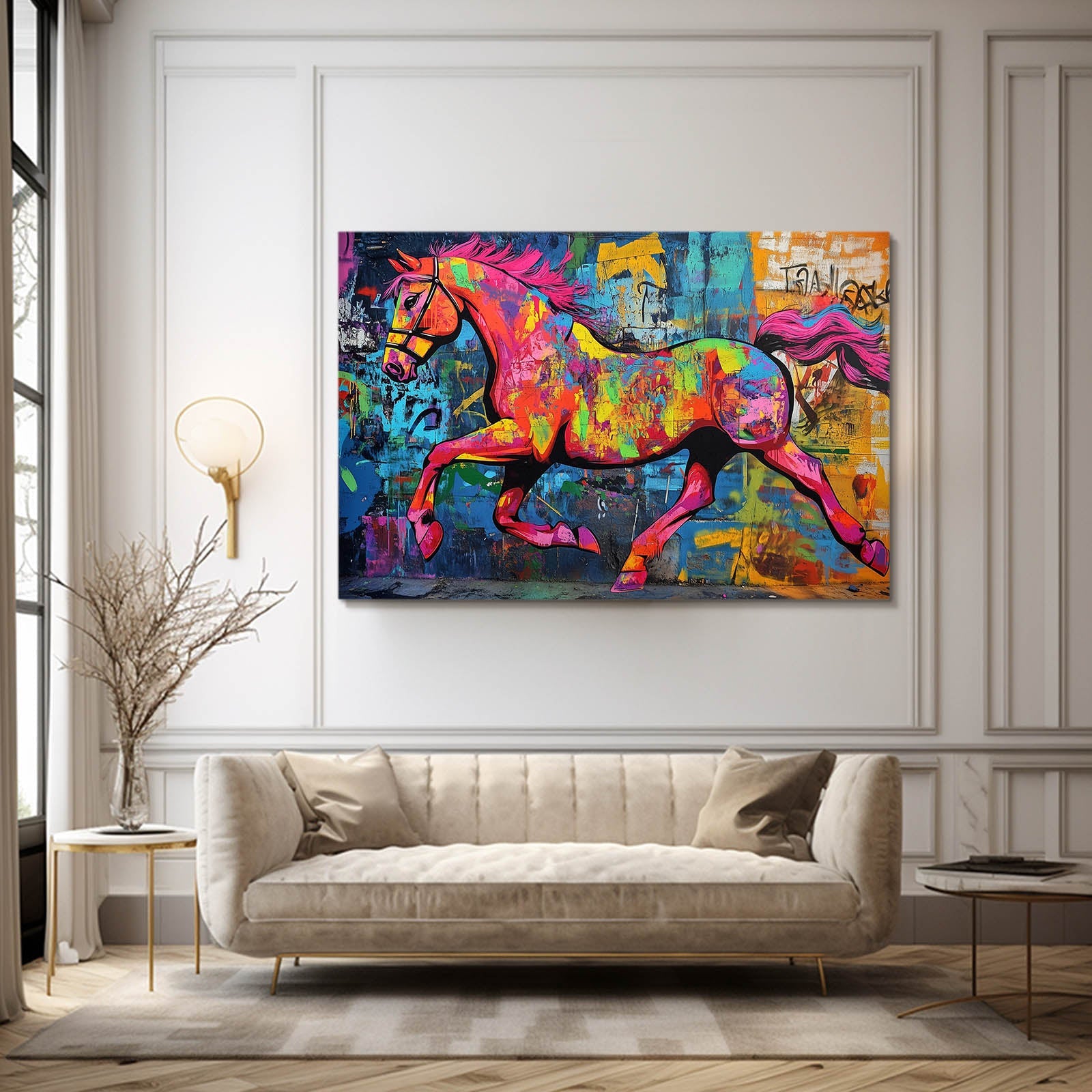 Colorful Abstract Horse Wall Art – angled canvas view on white background