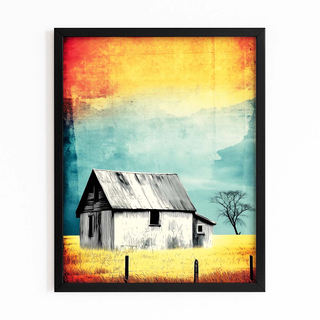 Colorful Barn Sunset Farmhouse Wall Decor – with Premium Black frame on white background