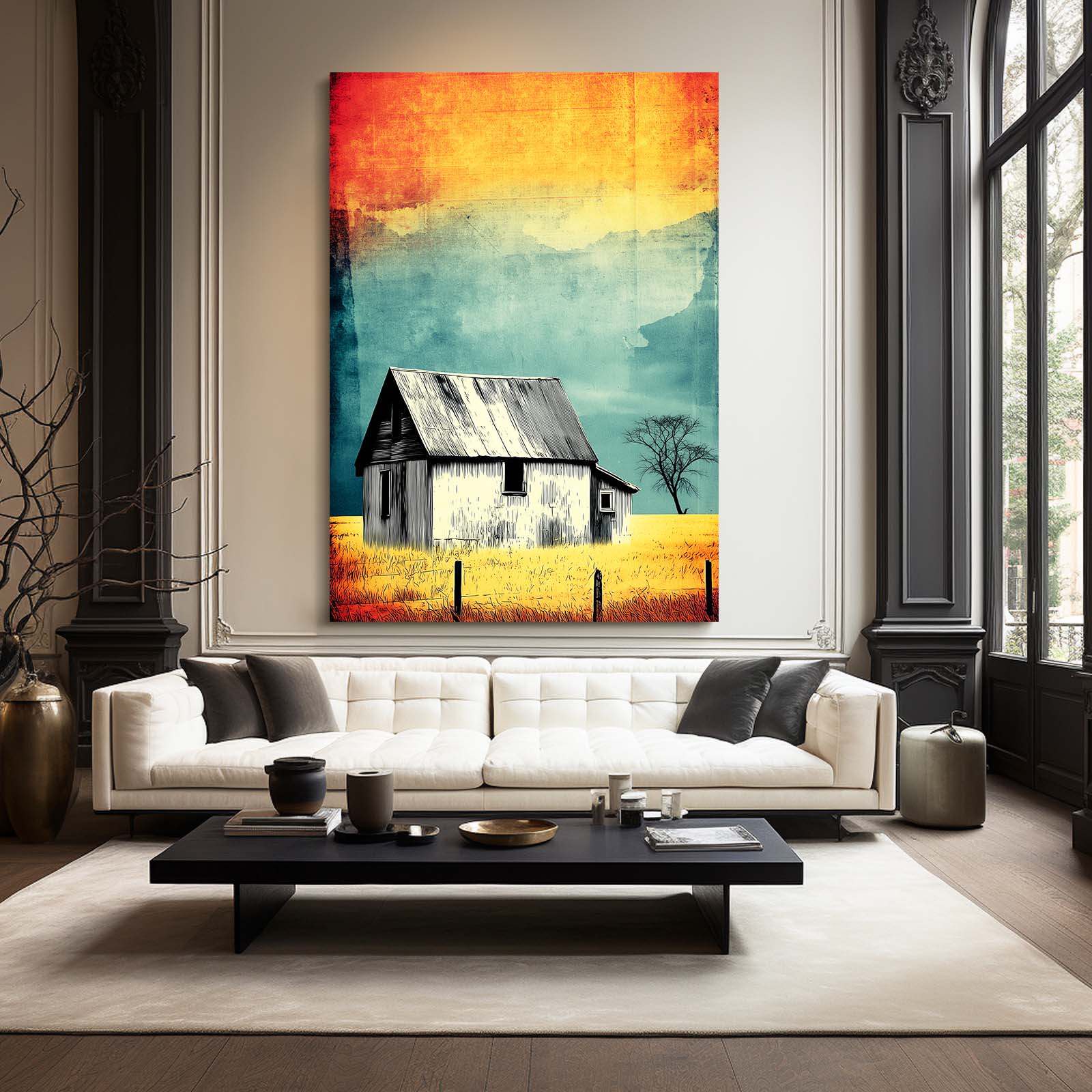 Colorful Barn Sunset Farmhouse Wall Decor – styled in a furnished interior