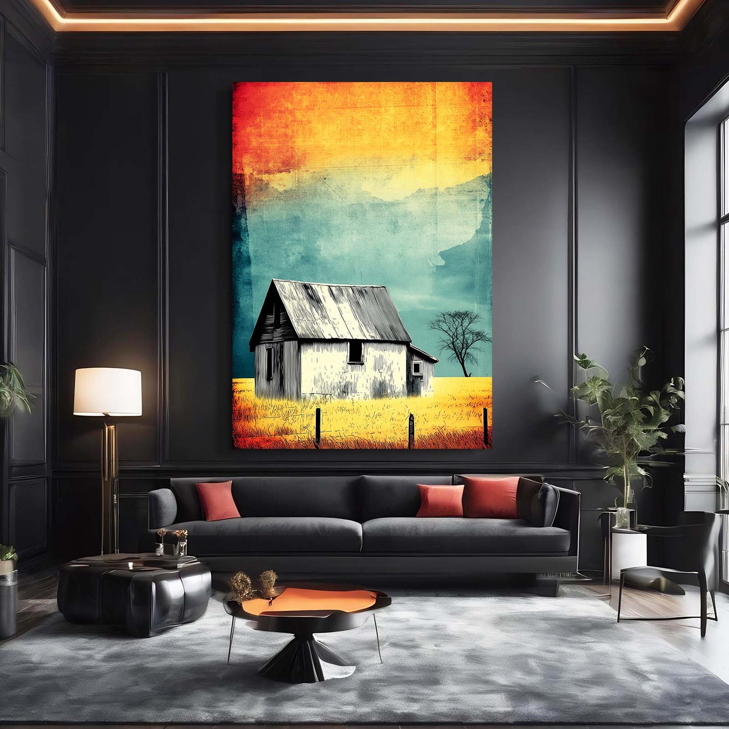Colorful Barn Sunset Farmhouse Wall Decor – styled in a furnished interior