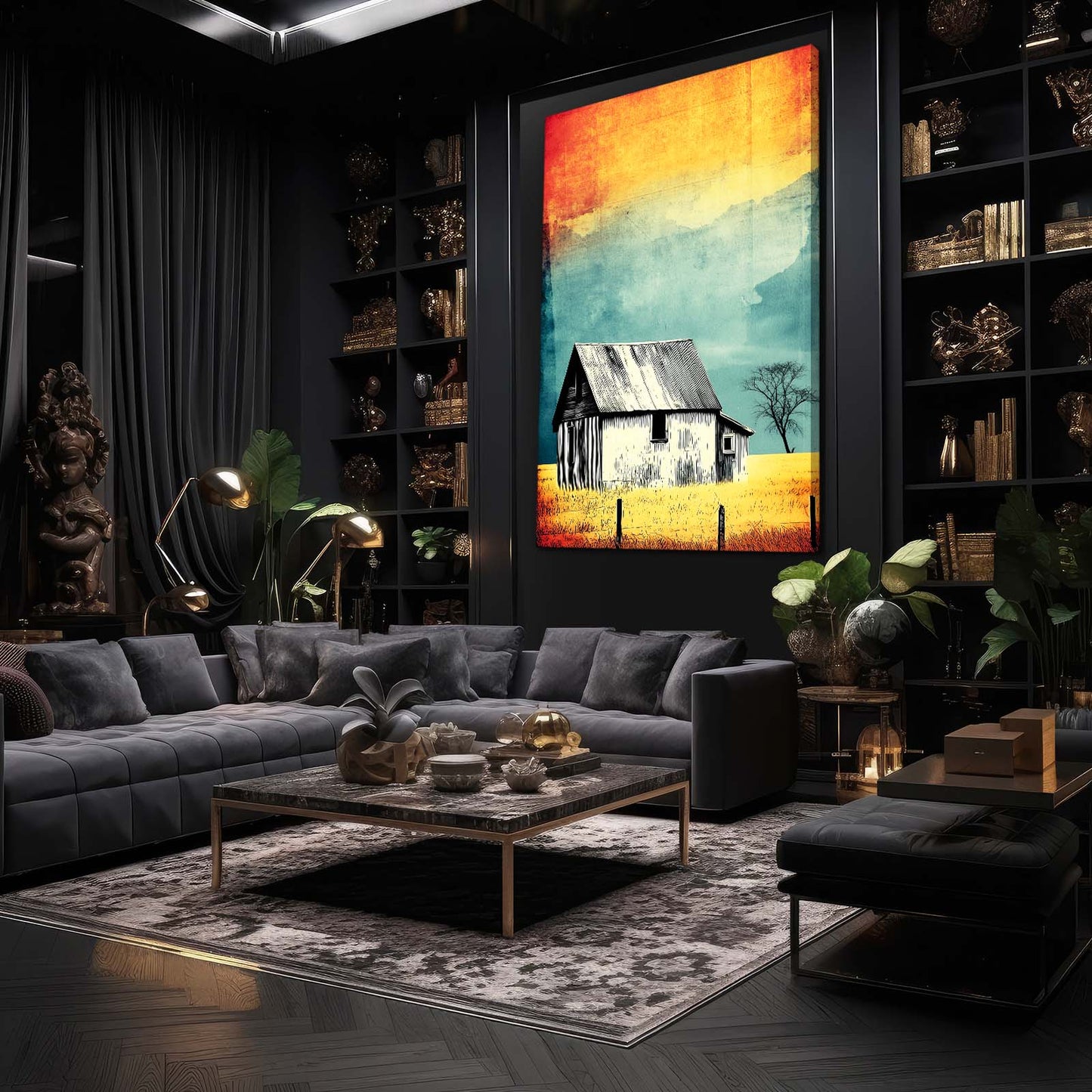 Colorful Barn Sunset Farmhouse Wall Decor – styled in a furnished interior