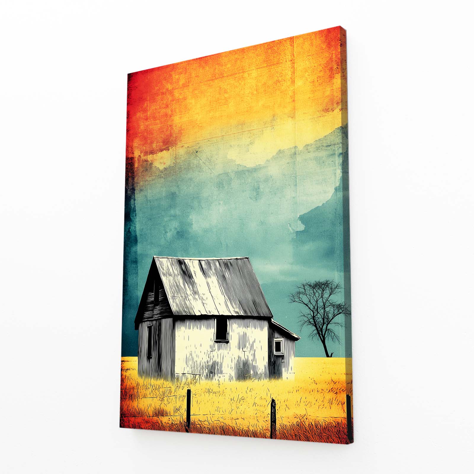 Colorful Barn Sunset Farmhouse Wall Decor – angled canvas view on white background