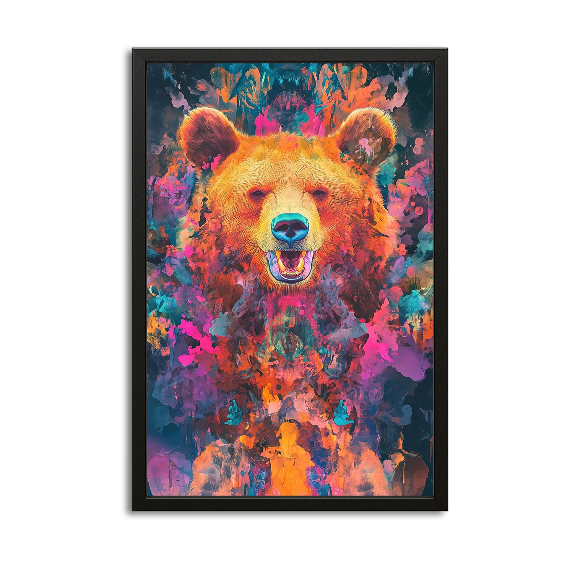 Colorful Bear Wall Art — canvas print in blue tones, with Premium Black frame on white background