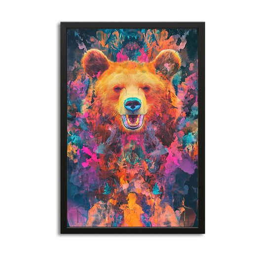Colorful Bear Wall Art — canvas print in blue tones, with Premium Black frame on white background