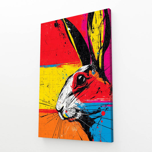 Colorful Bunny Art – angled canvas view on white background