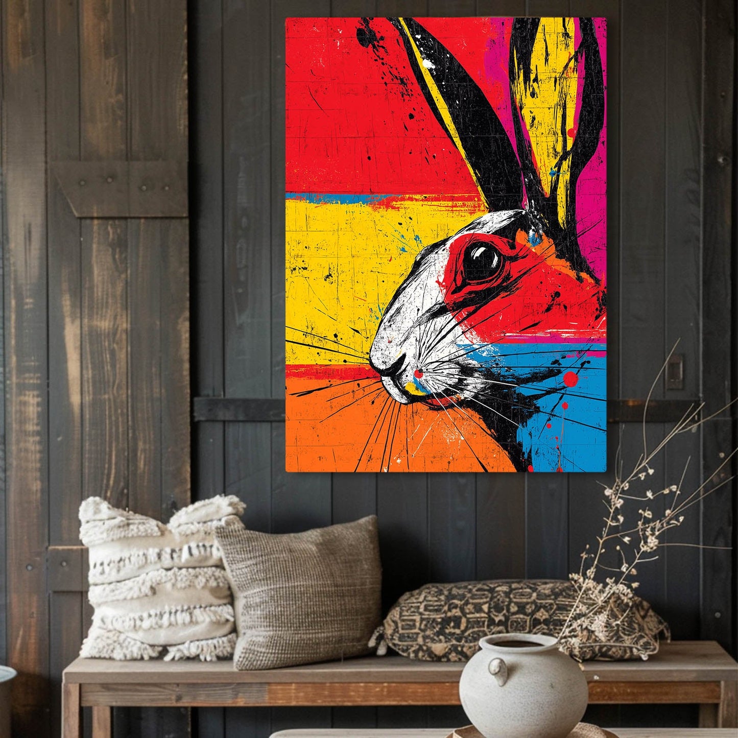 Colorful Bunny Art – angled canvas view on white background