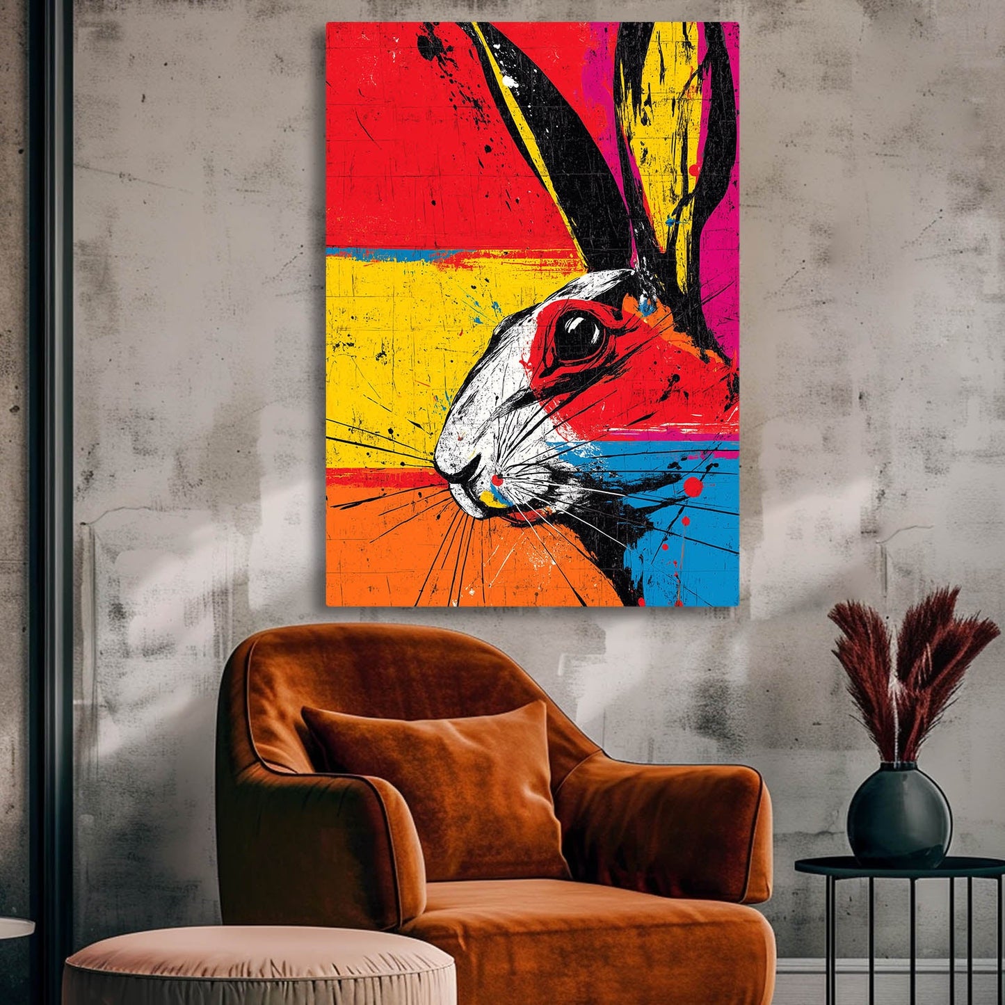 Colorful Bunny Art – angled canvas view on white background