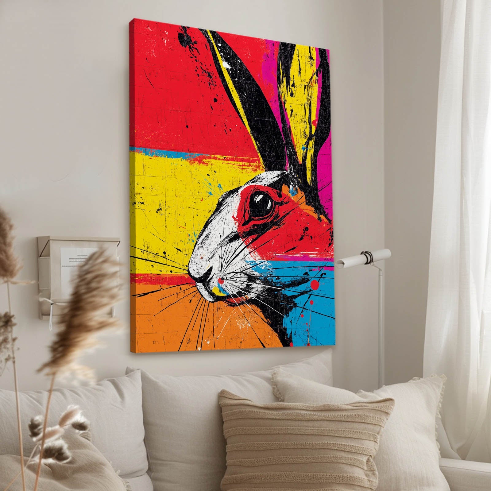 Colorful Bunny Art – angled canvas view on white background