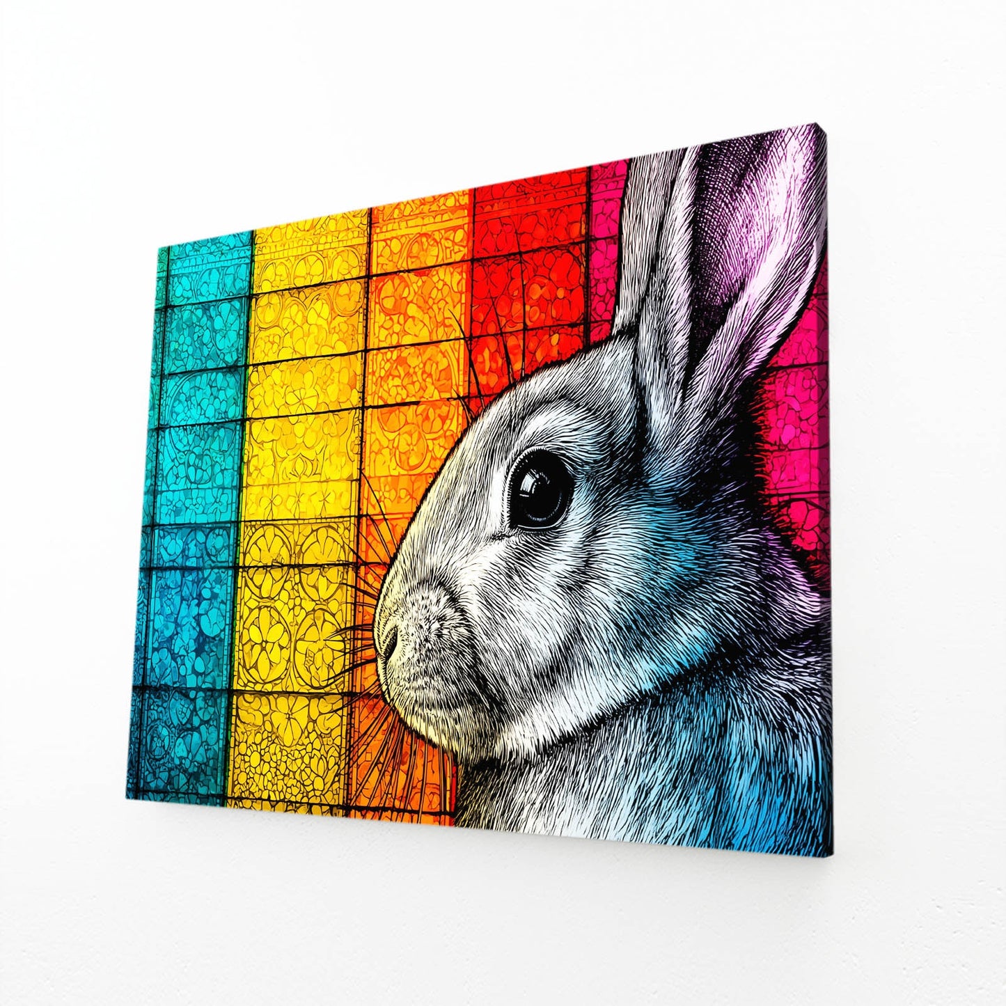 Colorful Bunny Wall Art – angled canvas view on white background