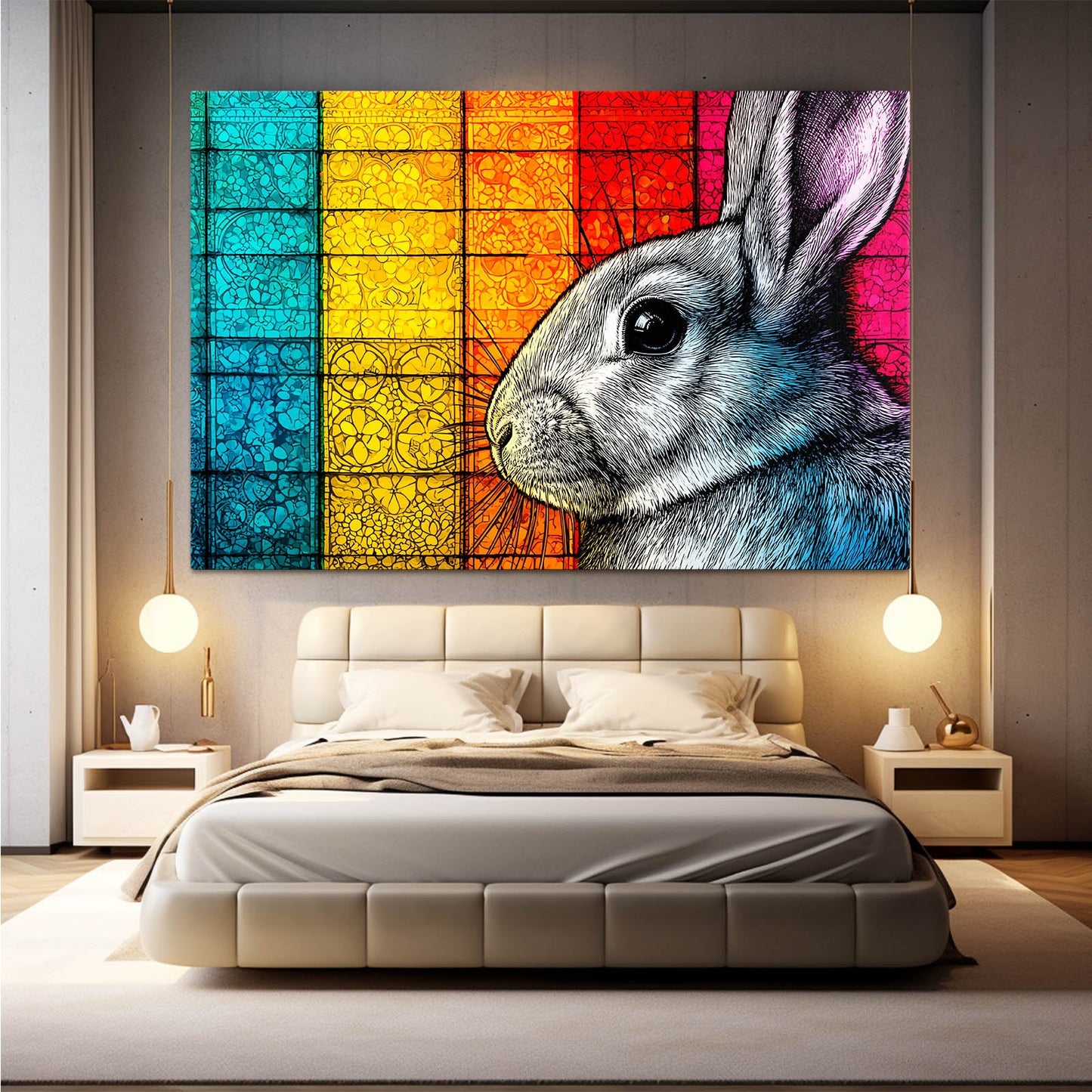 Colorful Bunny Wall Art – angled canvas view on white background