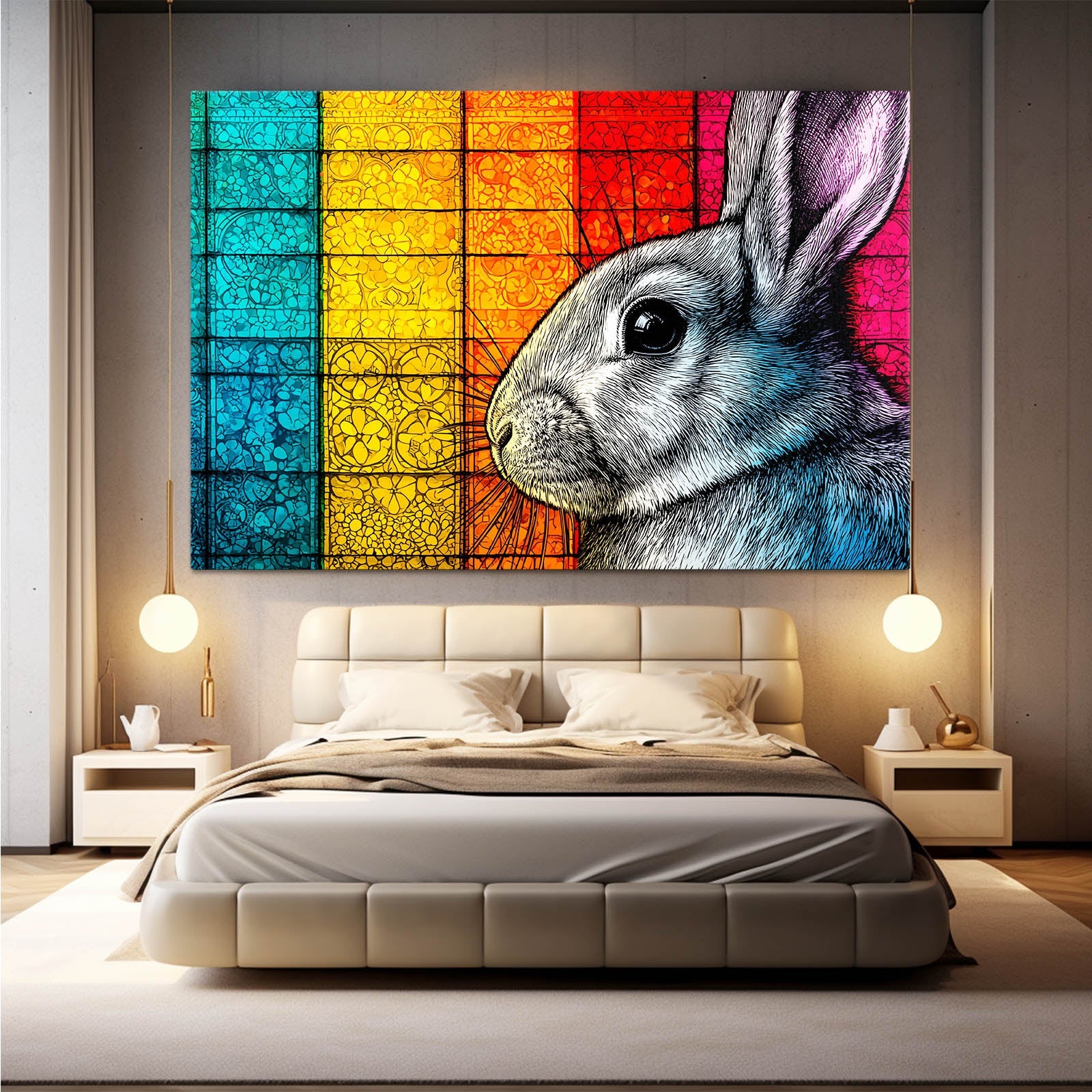 Colorful Bunny Wall Art – angled canvas view on white background