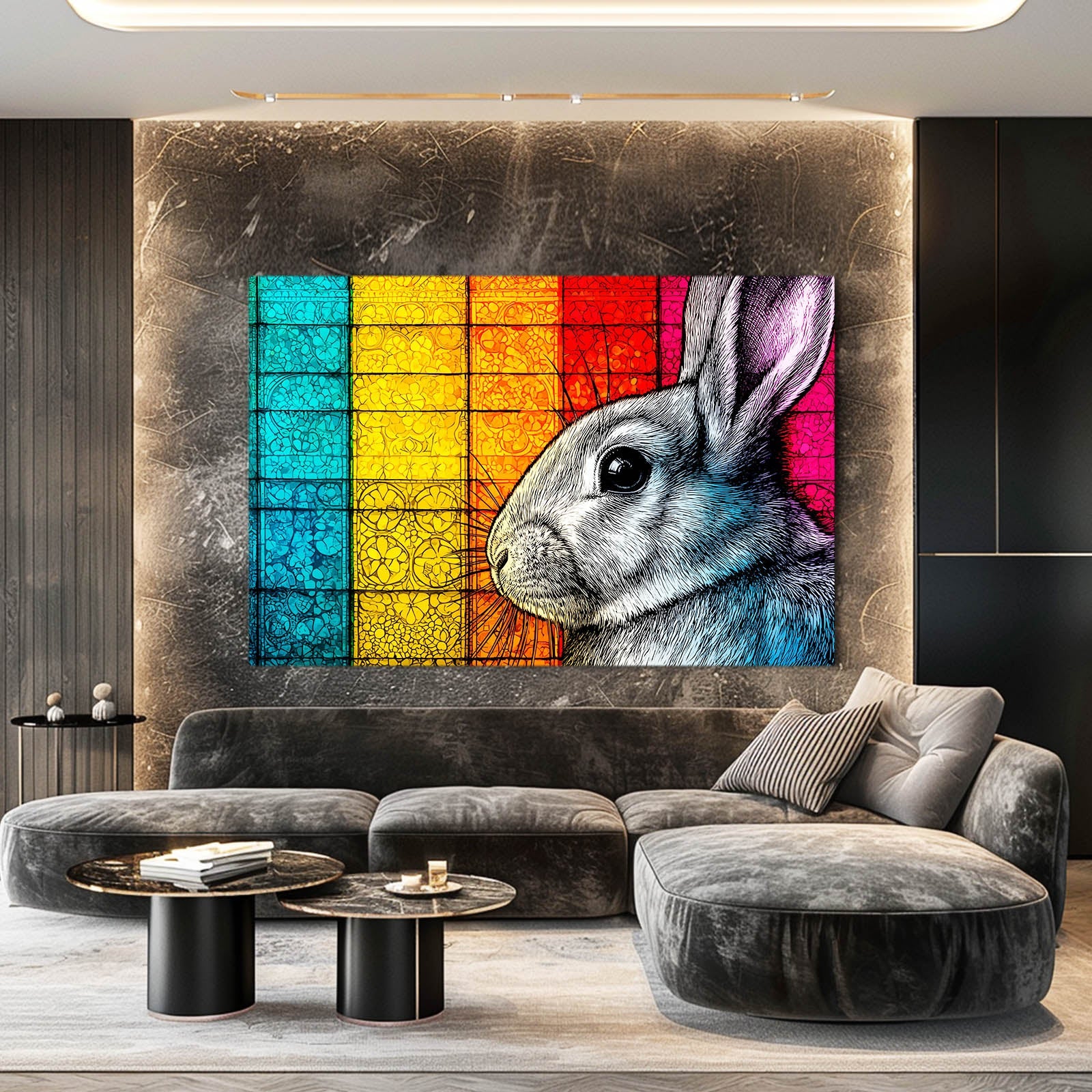 Colorful Bunny Wall Art – angled canvas view on white background