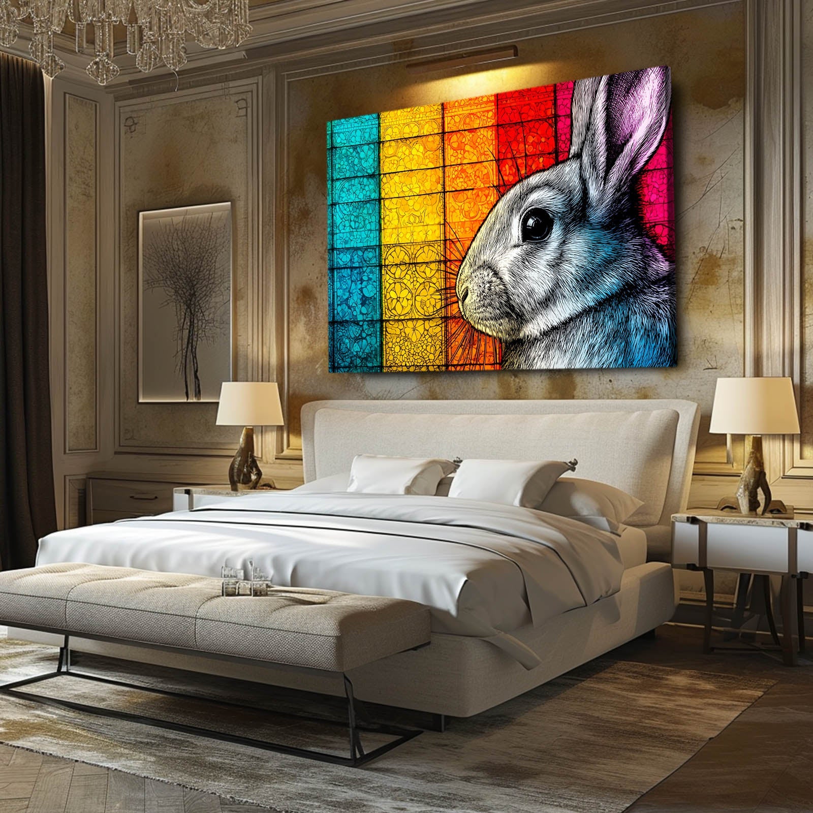Colorful Bunny Wall Art – angled canvas view on white background