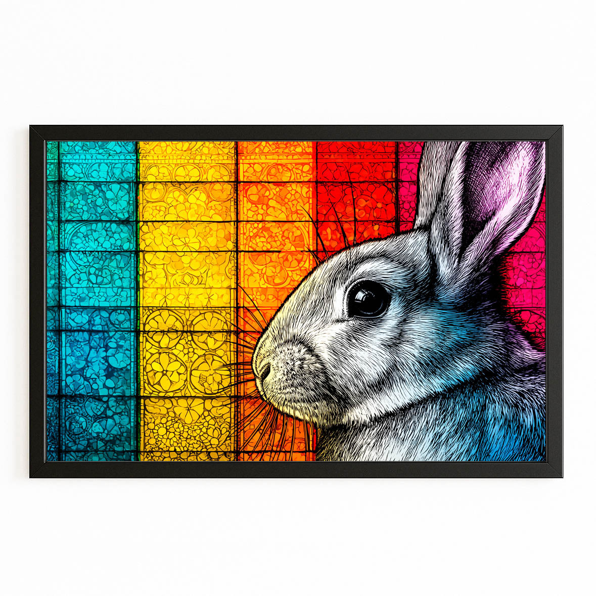 Colorful Bunny Wall Art – with Premium Black frame on white background
