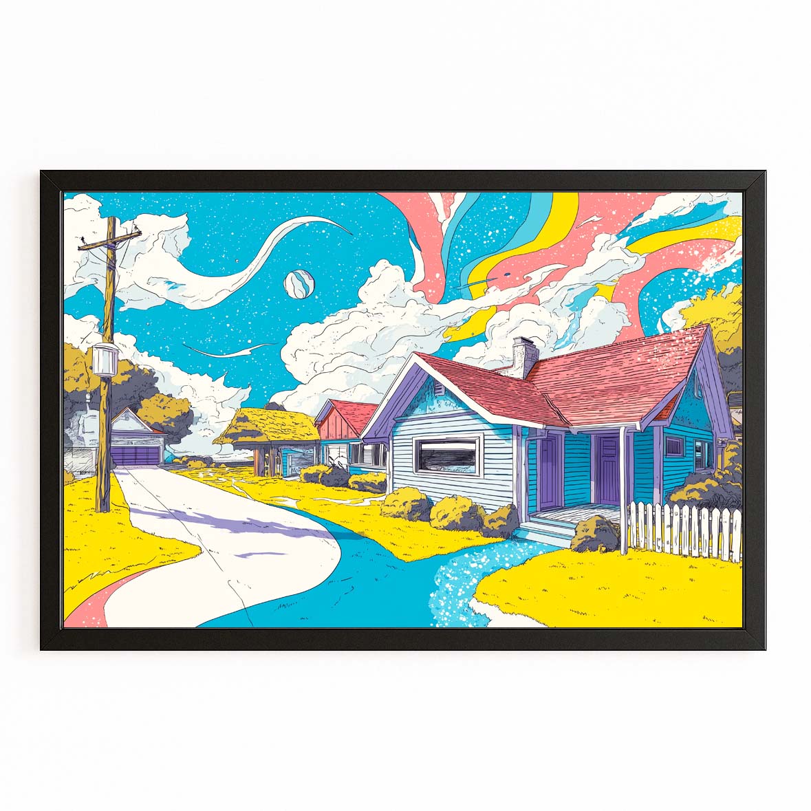 Colorful Cartoon Farm Farmhouse Art – with Premium Black frame on white background