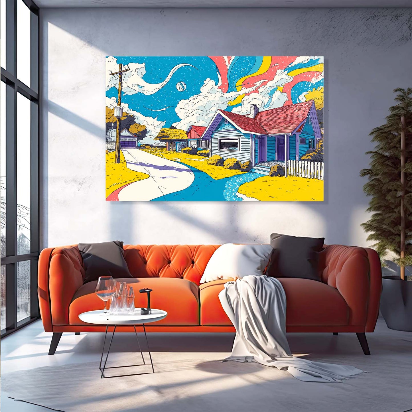 Colorful Cartoon Farm Farmhouse Art – styled in a furnished interior